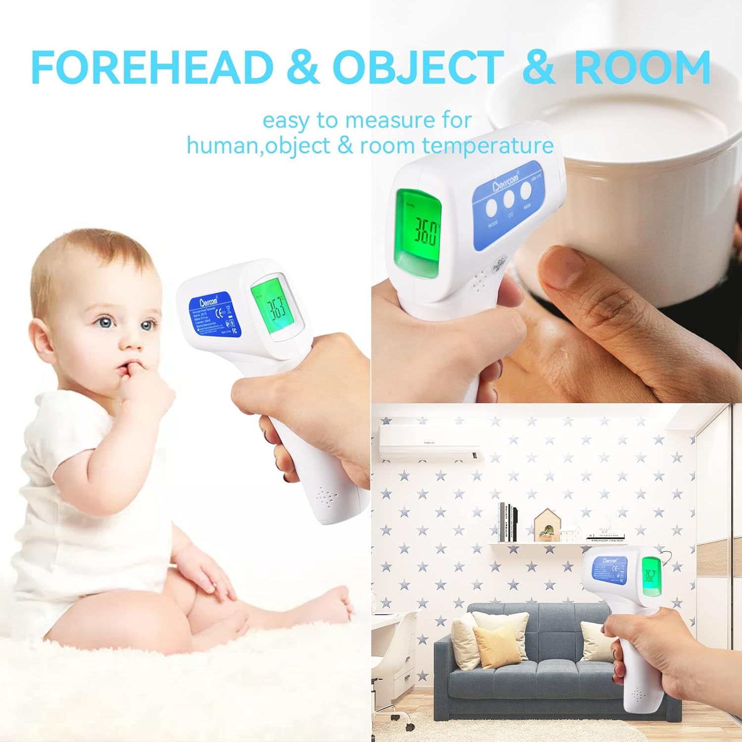 Berrcom Non-Contact Infrared Thermometer Used on Forehead – 3-in-1 Digital Adult & Baby Thermometer