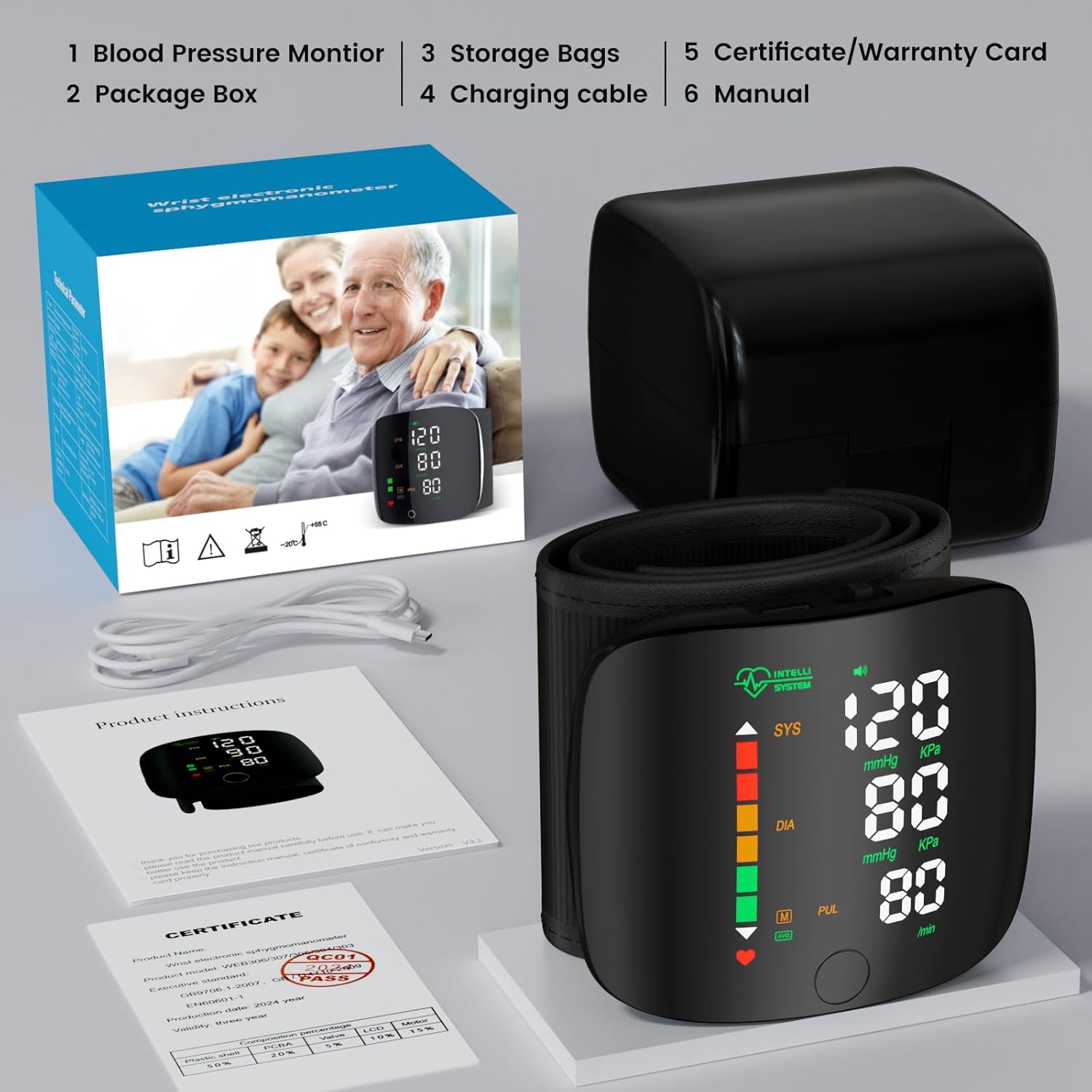 Rechargeable Wrist Blood Pressure Monitor – LED Touch Screen, Dual-User Memory, Voice Broadcast (Black)
