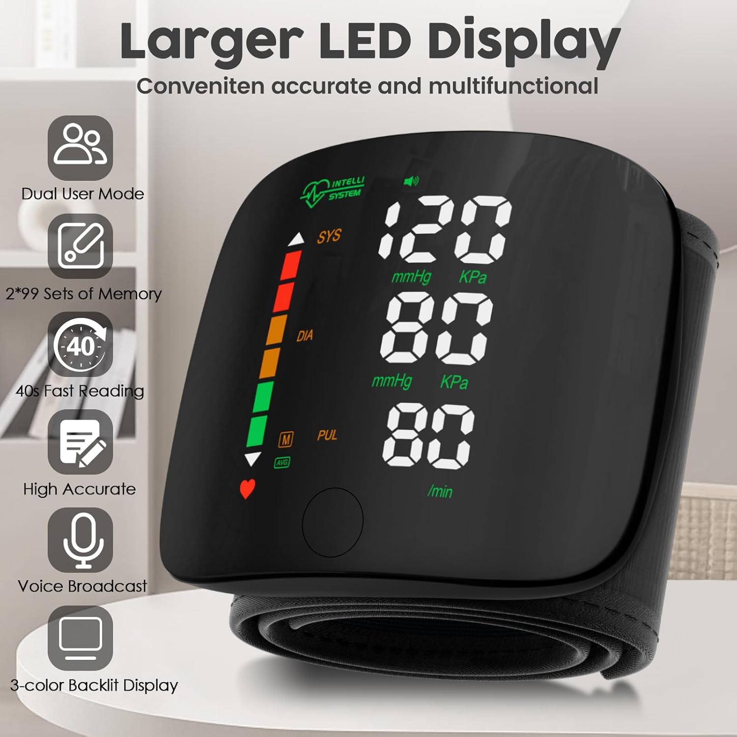 Rechargeable Wrist Blood Pressure Monitor – LED Touch Screen, Dual-User Memory, Voice Broadcast (Black)